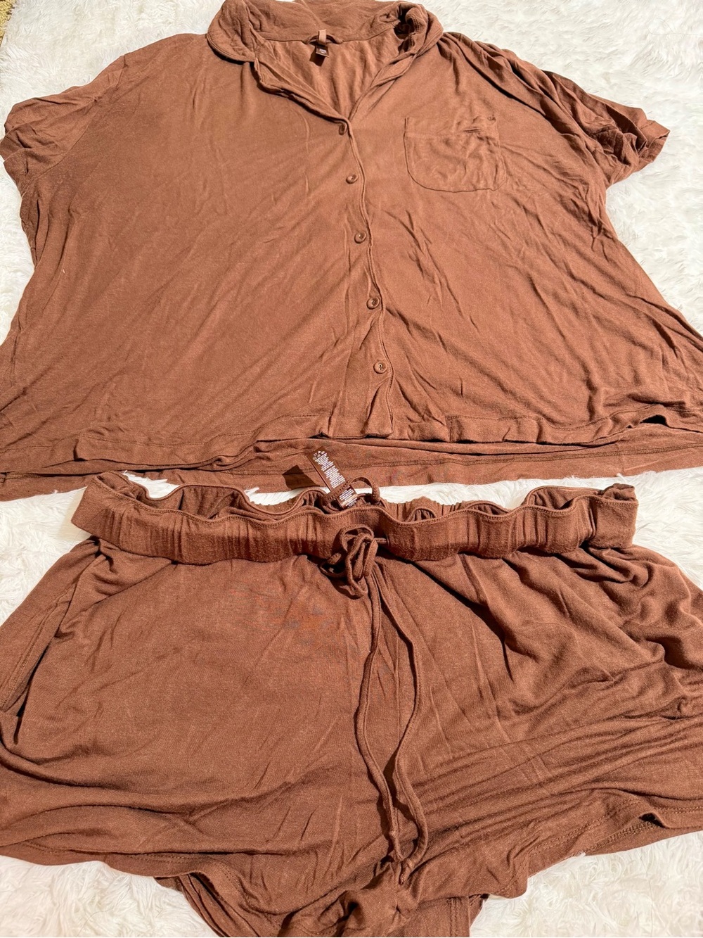 SKIMS 4X Matching Pajama Set Loungewear Button Down Shorts Chocolate Brown Cute